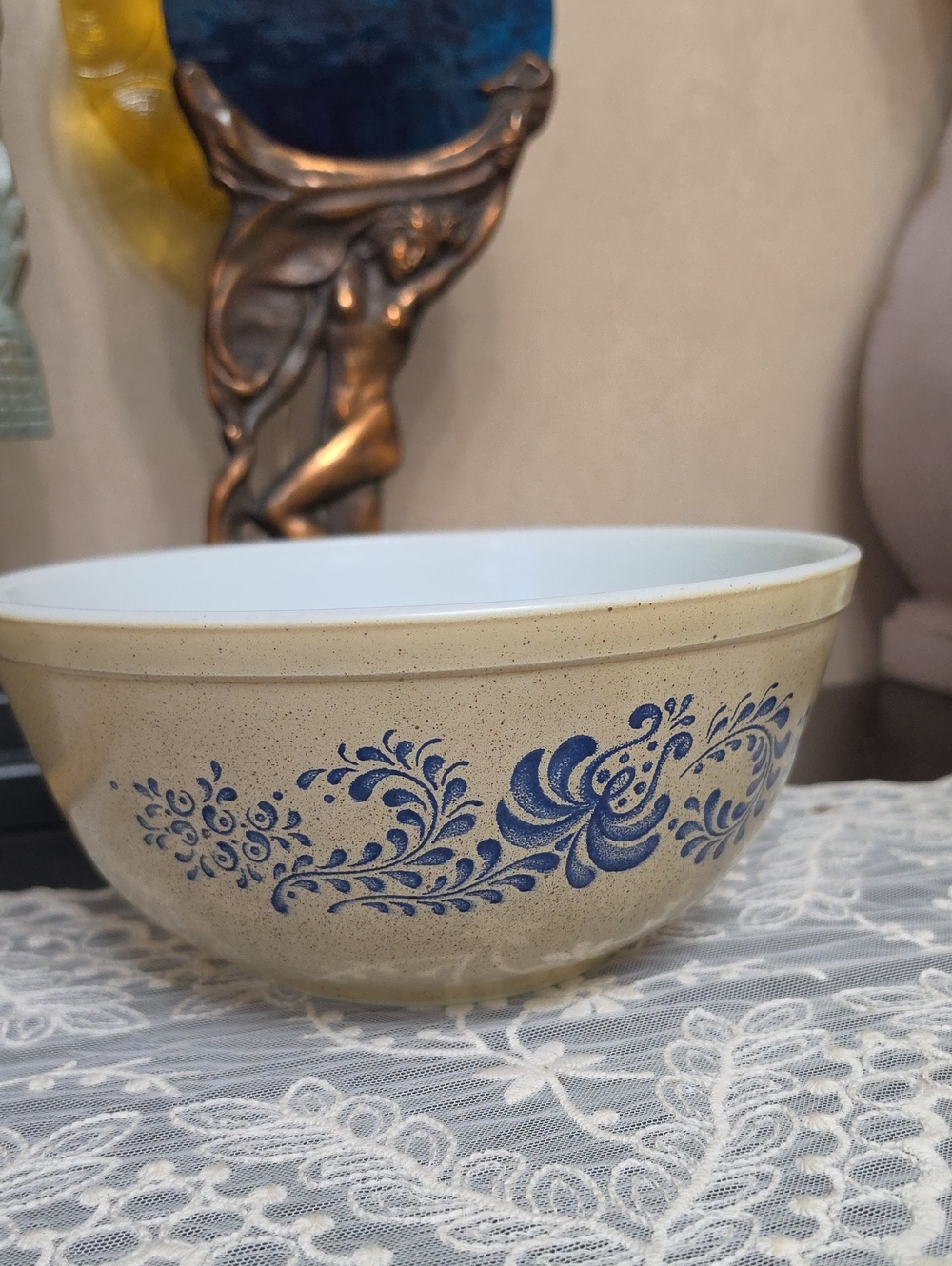 Pyrex 1970 Floral And Folk Pattern Beige Bowl with Blue Floral Scroll Pattern